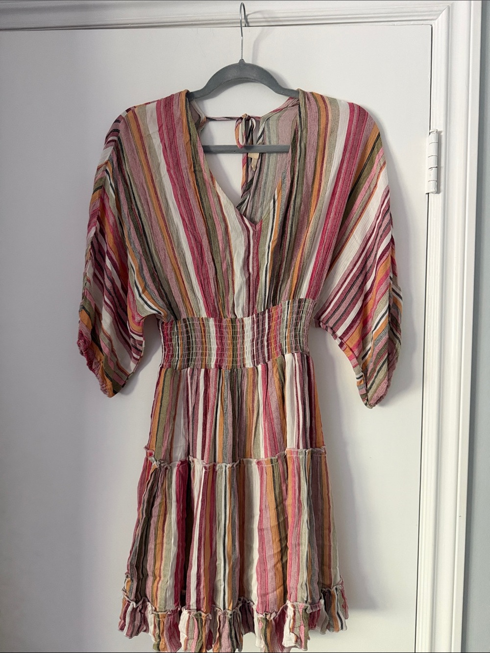 Striped V-Neck Smocked Waist Mini Dress - Pink Multi